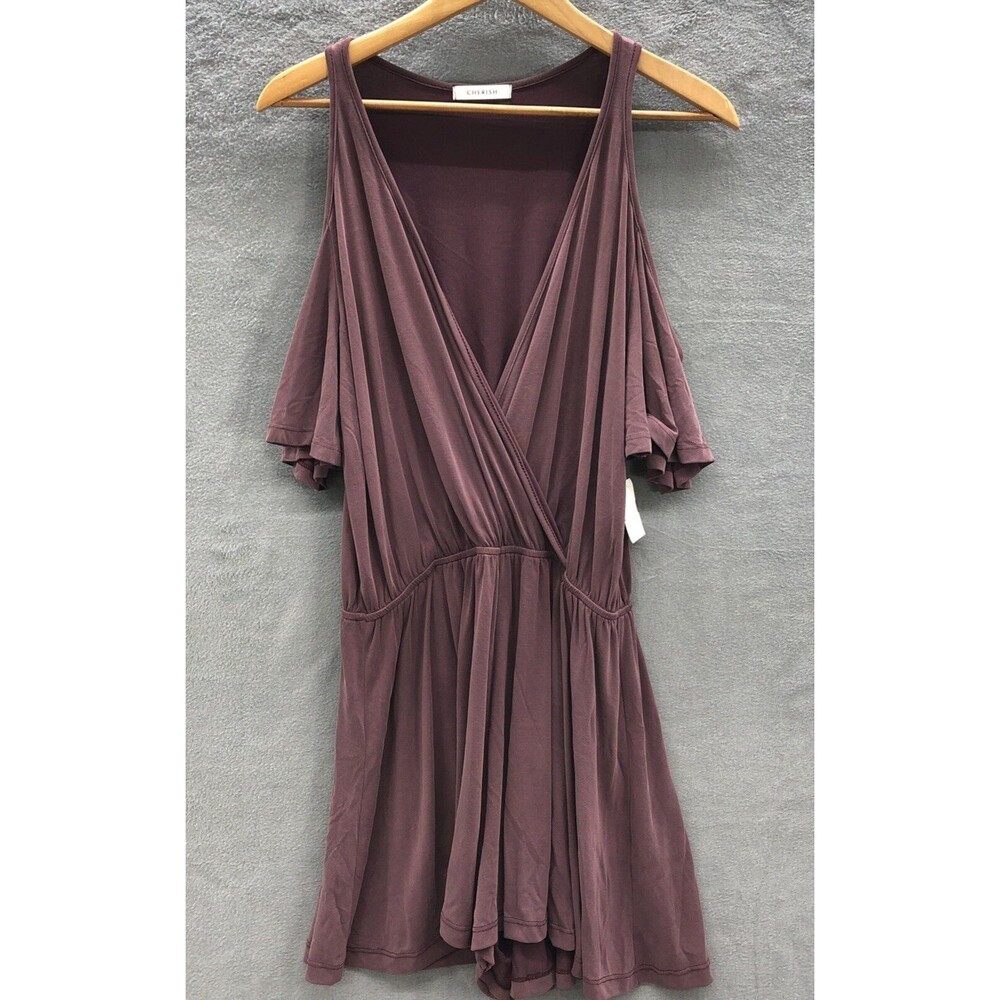 Cherish Women’s Romper Shorts Size M Plum Eggplant Cold Shoulder Short Sleeve